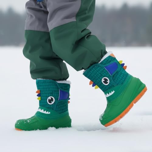 MORENDL Toddler Winter Snow Boots Waterproof Insulated Faux Fur Boys Girls Hiking Boots (Toddler/Little Kid), Greendino, 11 US Little Kid