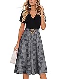 HELYO Women's Elegant Criss-Cross V Neck Vintage Short Sleeve Work Casual Party Swing Tea Dress with Pockets 980 (M, Black Plaid)