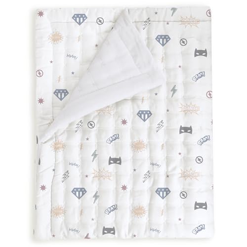 Image of MakeMake Organics Organic Baby Comforter GOTS Certified Organic Kids Blanket Cotton Infill Tufted - Reversible Ultra Soft Breathable Boys Girls Superheros (30 inchx40 inch, Mighty Heros)