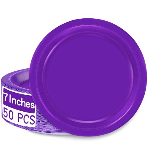50 PCS Purple Paper Plates 7 Inches Round Heavy-duty Purple Dessert Plates