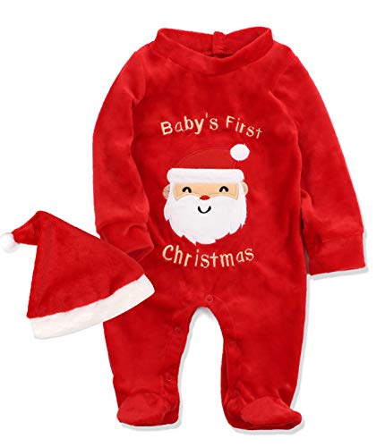 Image of Von kilizo Baby Christmas Outfit My First Christmas Baby Girl Boy Outfit Footed Romper Santa Hat 2Pcs