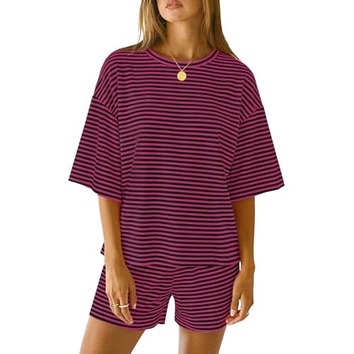 LOMON Two Piece Sets for Women Summer 3/4 Sleeve Tops and Elastic Waist Shorts Pajamas Cute Comfy Soft Lounge Striped Pjs Black Pink Striped X-Large