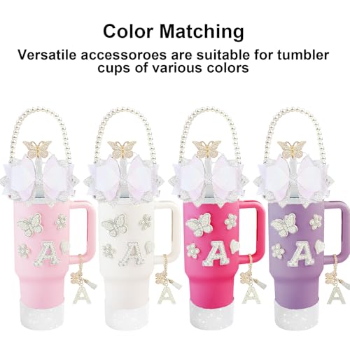 Hpebl 17Pcs Pearls White for Stanley Cup Accessories Set 30/40 OZ Bow Flower Initials Charms of Stanley Decorations Tumbler Accessories Including Butterfly Straw Toppers, Tumbler Boot（Letter A） — view 2