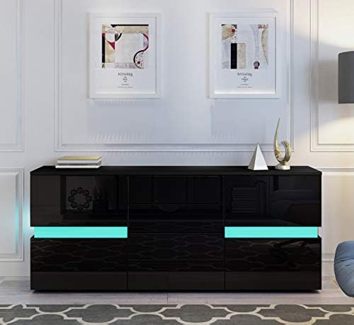 Sideboards for Living Room 2 Doors 4 Drawers Black High Gloss TV Cabinet Cupboard Unit for Bedroom Dining Room Storage Furniture 177 x 72 x 35cm