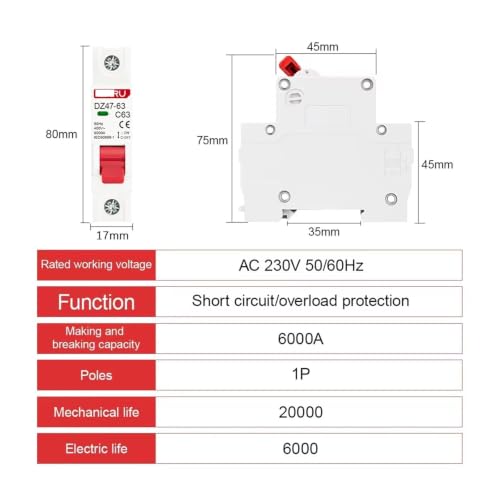 Disyuntor DZ47 con protección contra sobrecarga y cortocircuitos 1P 400V 2