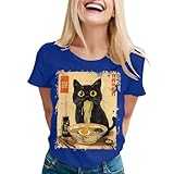 cat ramen divertente grafica tè gatto anime t camicia camicetta sexy donne, blu, s
