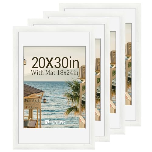 TENIBYC 20x30 Poster Frame 4 Pack, 18x24 Mat, White Wood, for Picture