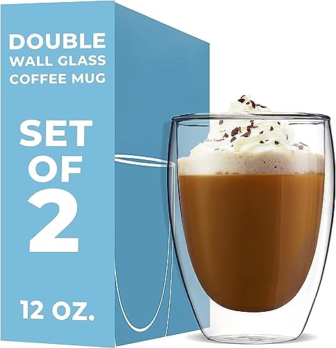 Image of KELVEE Double Wall Thermal Insulated Glass Coffee Mugs Set of 2, Transparent Drinking Glasses Iced Tea Cups for Latte, Cappuccino, Mocha, Juice, Hot & Cold Beverages (350ml)