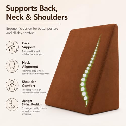 Image of Wedge Pillow for Bed | Back & Neck Support Pillow for Sleeping & Reading | Bed Wedge Pillow for Acid Reflux, Back Pain & Legs Elevation | Pregnancy Support Pillow with Comfortable Foam - Brown