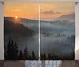 Ambesonne Nature Curtains, Morning at Foggy Mountain Range Sunrise Pine Tree Forest Dramatic Misty Sky Scenery, Living Room Bedroom Window Drapes 2 Panel Set, 108' X 96', Misty Grey