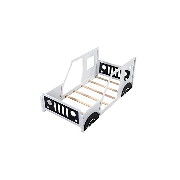 Twin size kids bed classic car shaped platform bed with wheels wood twin montessori floor bed for kids boy girls lightning mcqueen bed whiteblack  urban country home decor