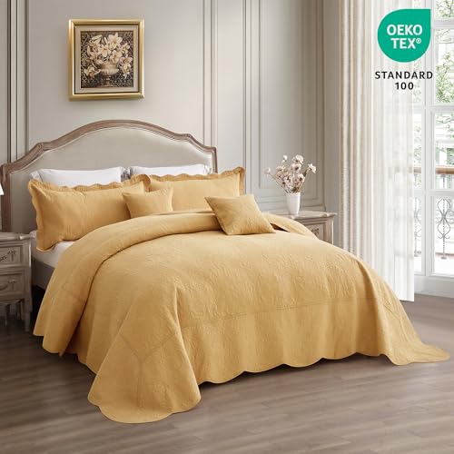 Image of Oversized King Bedspread 128x120 Extra Wide, Stitched Paisley Cotton Quilt Set King /Cal King, Lightweight Reversible Coverlet, Scalloped Edge - Warm Classic Look, 5 Piece, Honey Gold