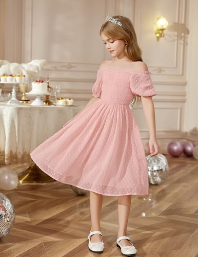 Arshiner Girls Swiss Dot Chiffon Dress Puffy Sleeve Square Neck Smocked Flowy Midi Dresses 5-14 Years4