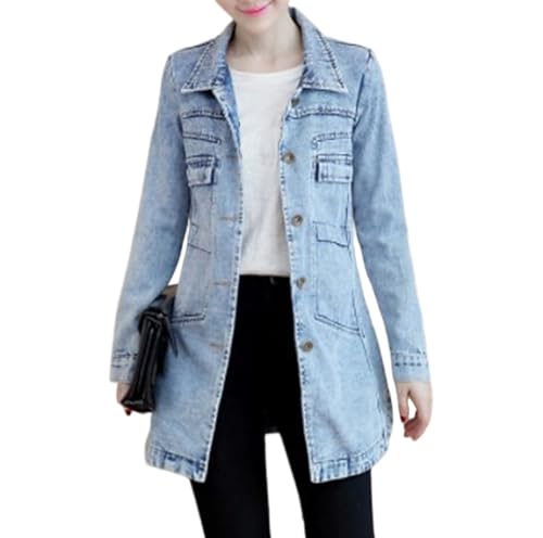 Trench-coat en jean mi-long pour femme, coupe slim, simple boutonnage, style rétro, effet usé, idéal pour le printemps et l'automne, bleu clair, taille XL