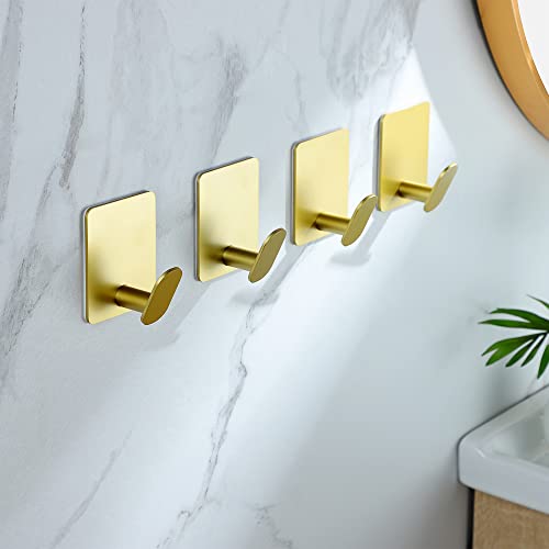 Deliton Adhesive Towel Hooks Gold - 4 Pack Towel Hook For Coat Robe Stick On Bathroom Wall Brushed Gold Finish Stainless Steel #TOP1
