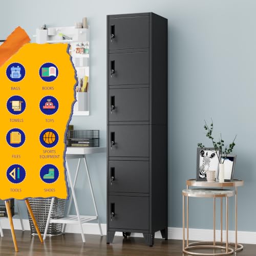 Image of PAOFIN 71 inch Tall Narrow Storage Lock Cabinet | Metal Filing Cabinets with 6 Locker Drawers for Home Office, Bathroom, Living Room, Dinning Room (Black)