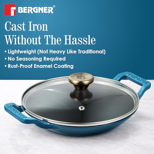 Image of BERGNER Excalibur Lightweight Cast Iron Appachetty with Lid 22cm (1L), Non-Stick Coating, PFAS Free, Perfect Heat Distribution, Elegant Design, Silicone Grips - Induction and Gas Stove Ready (Blue)