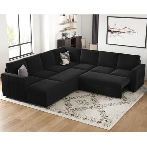 Belffin Modular Sectional Sofa with Sleeper Sofa Couch Pullout Bed, Oversized U Shaped Sleeper Sectional Couch with Storage Seat for Living Room, Blac