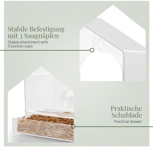  WILDLIFE HOME Transparent Fensterfutterhaus für Wildvögel Clever
| WILDLIFE HOME Vogelhaus mit Saugnäpfen und Futterspe