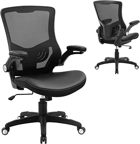 Office Chair Ergonomic Desk Chair - PU Cushion Mesh Midback Computer Chair with Flip-up Arms Swivel Chair with Adjustable Height & Lumbar Support Home Office Desk Chair, Black