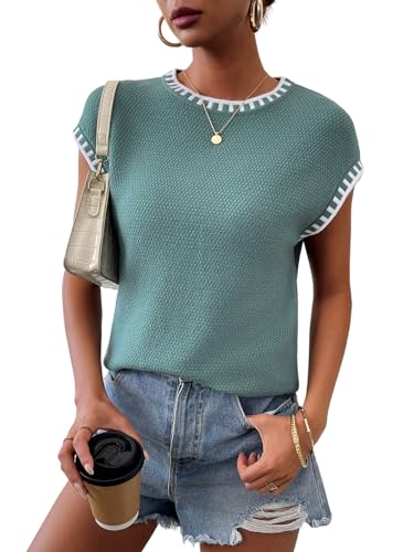 Image of Cap Sleeve Sweater Tops for Women 2026 Knit Summer Sleeveless Tank Vest | Slim Fit, Trendy Color Block, Soft, Skin-Friendly, Strechy, Lightweight, Breathable, Casual Daily Wear