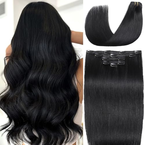 Clip in Hair Extensions Real Human Hair Jet Black Hair Extensions Clip ins Remy Human Hair Clip in Extensions for Women 14 Inch Silky Straight Hair 80g/5pcs Double Weft