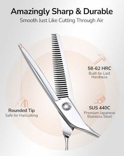 Image of ULG Professional Hair Thinning Scissors & Shears, 6.5 inch 440C Japanese Stainless Steel Barber Scissors, Hand-Honed Razor Sharp Blades & Ergonomic Offset Handle for Salon & Home Use