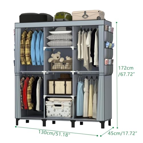 衣装庫、ジッパー付きポータブル衣装庫。ポータブル衣装庫は衣服を吊るすために使用し、4 本の吊り棒と収納キャビネットを備え、広く大容量の収納スペースを有しています簡易クローゼット、は幅130 cm、奥行き45 cm、高さ172 cmで (Grey) [3]
