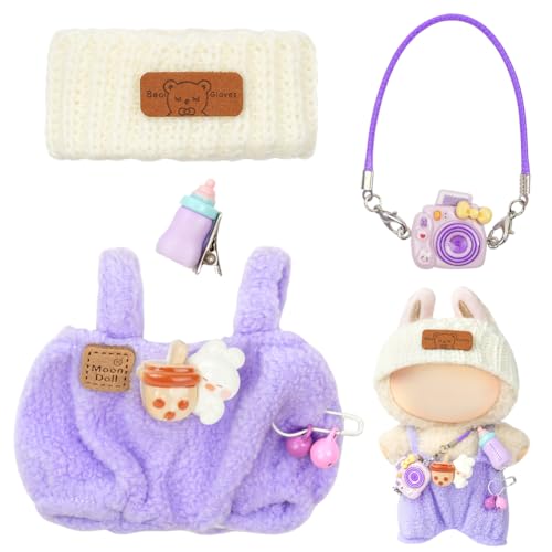 AOOTE Vêtements de Poupée en Peluche de 17 cm, Vêtements pour Poupée 17cm, 1 Salopette, 1 Bonnet en Laine, 1 Appareil Photo Violet, Vêtements pour Poupée...