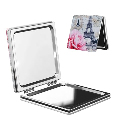 Specchio compatto, Torre Eiffel con rosa fiorita, portatile, tascabile, da viaggio, mini specchio cosmetico per uso quotidiano, ufficio, affari, feste