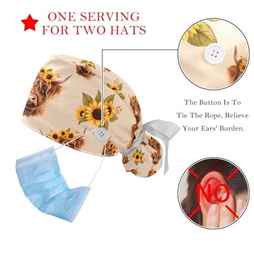 Image of 2 PCS Bouffant Cap with Button Ponytail Pouch Working Cap Sweatband Adjustable Surgical Cap Black and White Cow