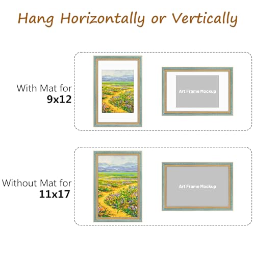 Image of Golden State Art,11x17 Ornate Picture Frame Holds 9x12 Photo,Blue Gold | Includes real glass front,white mat,build-in hangers and buttons.Displays 9x12 photo on wall