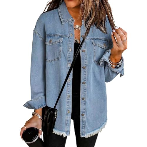 Women's Oversized Denim Jacket Boyfriend Button Down Frayed Hem Shacket Distressed Jean Jackets Fall Outfits