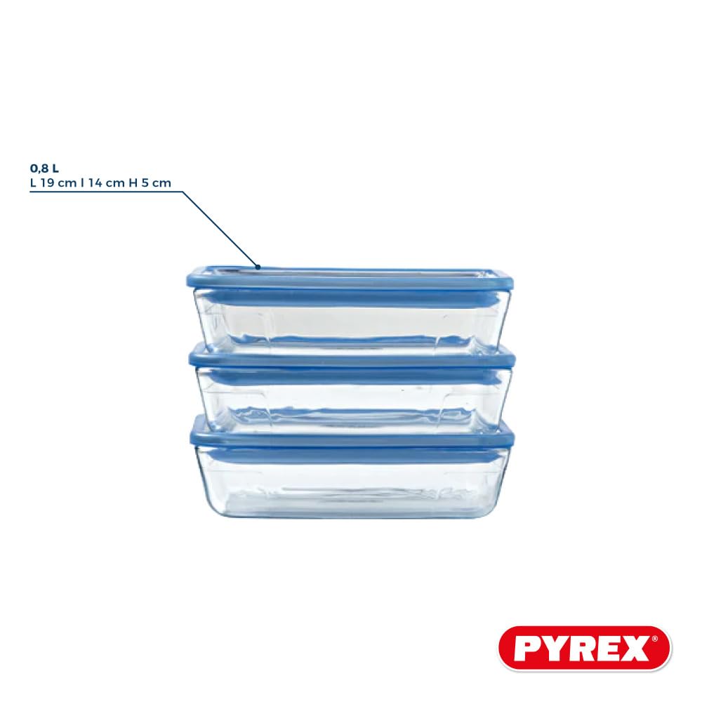 Set di 3 contenitori per alimenti con coperchio - PYREX - Plastica Zero - Vetro - Rettangolari - 0,8 L