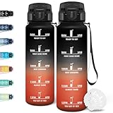 Motswedi Botella agua 1 litro, con Marcador de Tiempo, Botella agua Gimnasio, a Prueba de Fugas, Cantimplora, Cantimplora 1l, para Gym, Deportes, Oficina, Negro Rojo