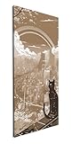 Perchas y tornillos gratis Un gato negro disfruta de las vistas de la ciudad, coronado por un arco iris brillante y flores de cerezo. Panorama 80x40cm Efecto: sepia como lienzo, diseño enmarcado en marco de madera real