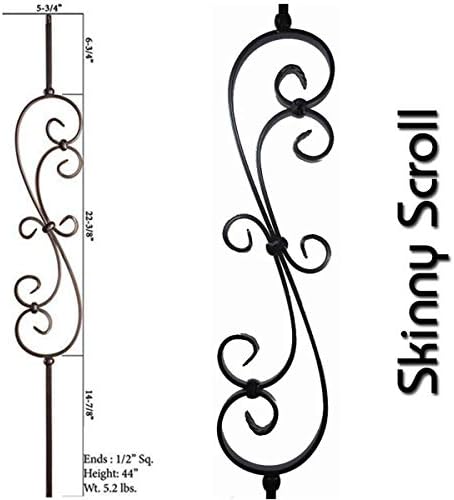 Satin Black 1/2" x 44" Iron stair parts Metal spindles Iron balusters basket twist knuckle scroll shoe (SKINNY SCROLL)