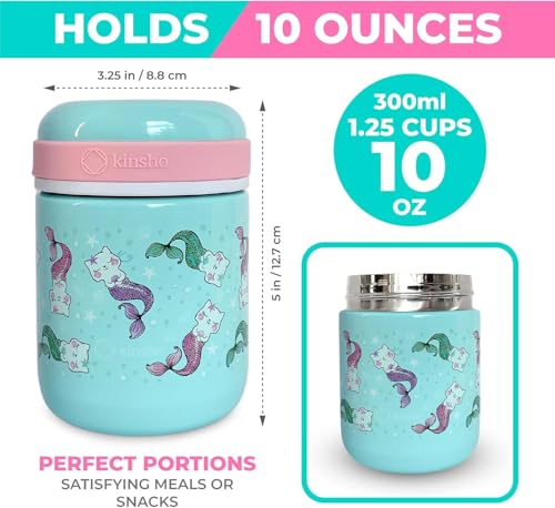 Image of Bento Box with Stainless Steel Food Thermo for Hot Food or Soup, Insulated Lunch Bag, and Ice Pack Set for Kids Girl Toddlers. Ages 3 to 7 Pink Aqua Cat Mermaid
