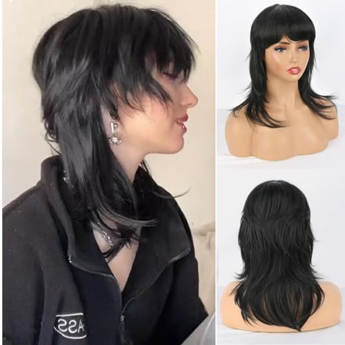 Liyouda Mullet Wolf Cut Wig with Bangs Layered Black Mullet Wig Short Synthetic Mullet Wigs for Black Women Daily Party Cosplay Use