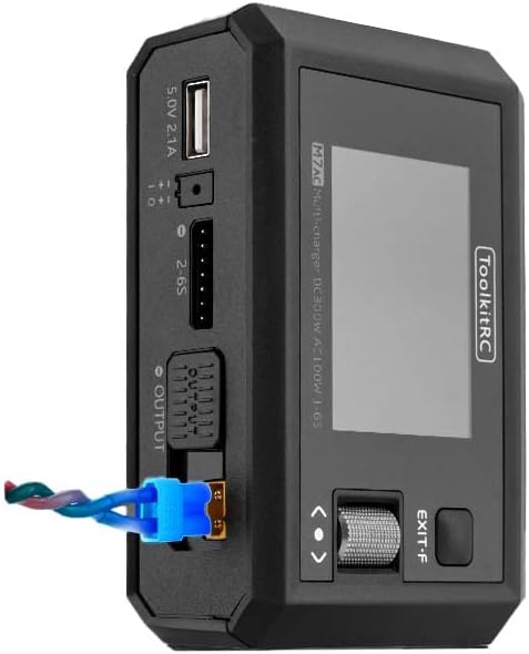 Side view of the ToolkitRC M7AC charger with an XT60 connector and balance lead plugged in.