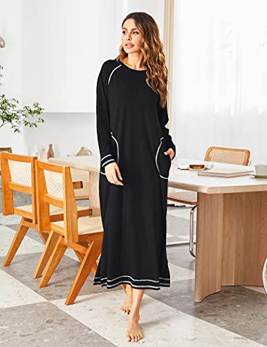 Ekouaer Women's Nightshirt Long Sleeve Nightgown Round Neck Sleepwear Full Length Pajama Dress with Pockets Loungewear S-XXL2