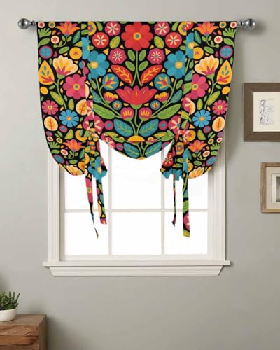 Colorful Flowers Tie Up Curtains for Windows 45 Inch Length Balloon Curtains Kitchen Adjustable Balloon Window Shade Boho Ethnic Floral Plants Texture Tie Up Valance Bathroom Curtain Window 52