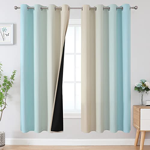 Image of Estelar Textiler Full Room Darkening Gradient Blackout Curtains 72 Inch Length 2 Panels Set, Ombre Aqua and Beige Thermal Insulated Full Light Blocking Grommet Blackout Drapes for Bedroom, 52Wx72L
