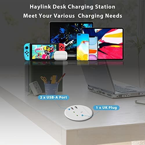 Desk Socket with USB, Haylink Desktop Power Grommet 80mm Cut-Out Hole In Desk Power with 1 UK Plug, Power Socket Extension Connect 6.56ft Extension Cord(White)