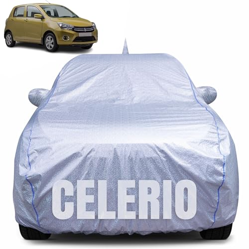 Image of 100% Waterproof Car Body Cover for Maruti Suzuki Celerio (2014-2024) with Mirror Pocket, Heat & UV Resistant, Triple Stitched, Soft Lining, Bottom Elastic & Piping (Silver Reflective)