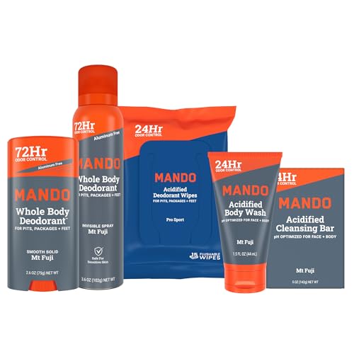 Mando Whole Body Starter Kit - 2.6 oz Solid Stick, 3.6 oz Spray, 1.5 oz Acidified Body Wash, 5 oz Acidified Cleansing Bar, 15 ct Deodorant Wipes - Aluminum Free Odor Control - 5 Piece Bundle (Mt Fuji)