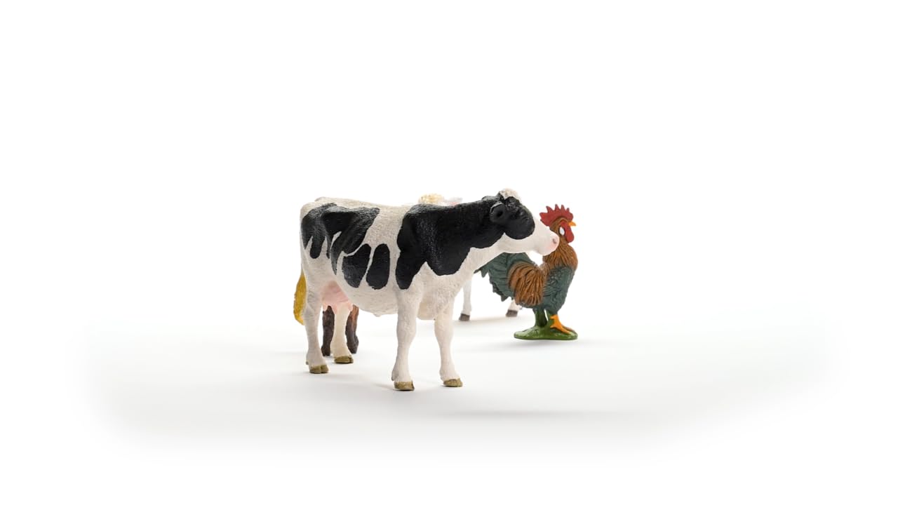 schleich FARM WORLD | Zestaw startowy farma 42729 | Zestaw z kozą, krową, owcą i kogutem | realistyczne figurki zwierząt i kolekcjonerskie | zabawka farma dla dzieci od 3 lat | zestaw 4-częściowy