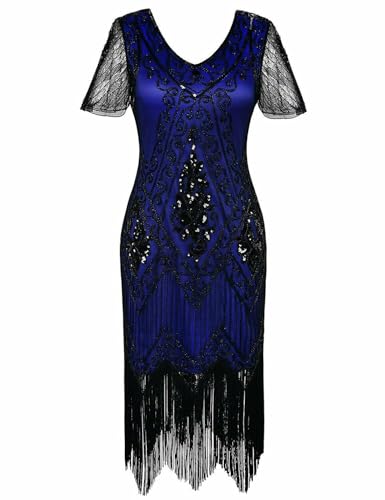 866A - Plus Size 1920s Vintage Fringed Gatsby Sequin Beaded Tassels Hem Flapper Party Prom Cocktail Dress with Accessories2
