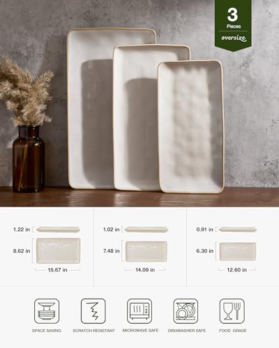 famiware Serving Platter, Rectangular 15.67/14.1/12.6 inch Serving Dishes for Entertaining, Microwave Dishwasher Safe, Stonware Serving Trays for Party, Turkey, Cheese, Ocean Series, Cappuccino White
