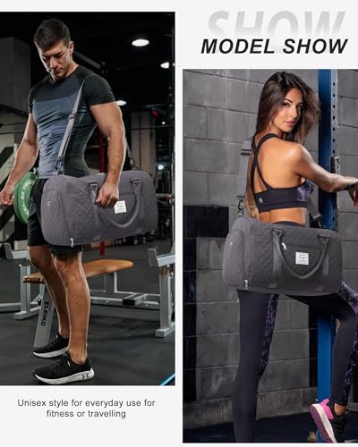 Image of Gym Duffle Bag for Women with Shoe Compartment Waterproof Travel Tote Bags Personal Item Carry On Weekender Overnight Bags with Toiletry Bag Swimming Yoga Bags Hospital Holdalls Black Grey